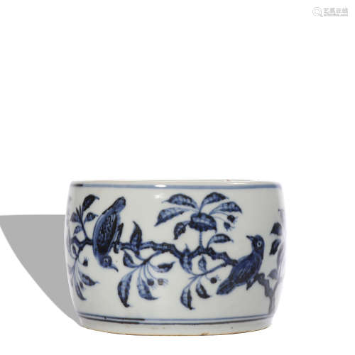 A blue and white 'floral and birds' jar
