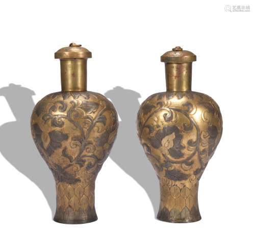 A pair of gilt-bronze 'floral' vase