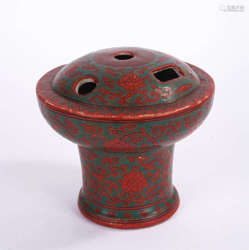 A CHINESE GREEN-GROUND CORAL RED JOSS-STICKS HOLDER