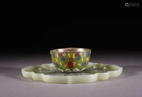 A Cloisonne enamel cup and jade cup holder