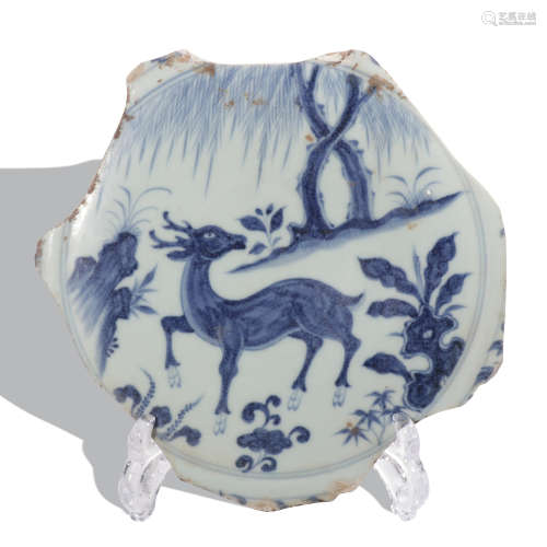 A blue and white 'deer' dish