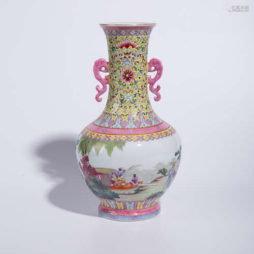 Qing Dynasty Qianlong pastel double ear bottle