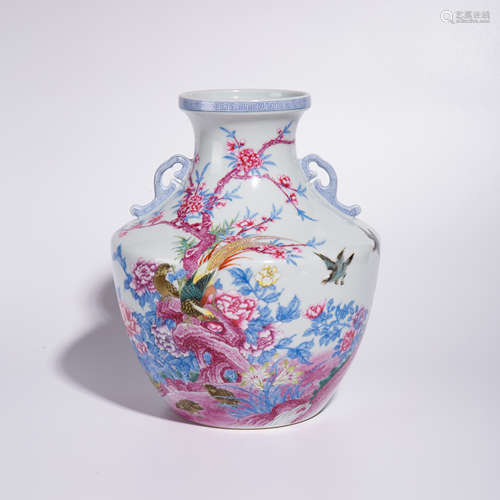 Qing Yongzheng pink two ear bottle