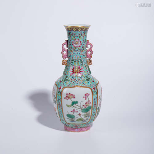 Qing Dynasty Qianlong pastel flower pattern two ear bottle