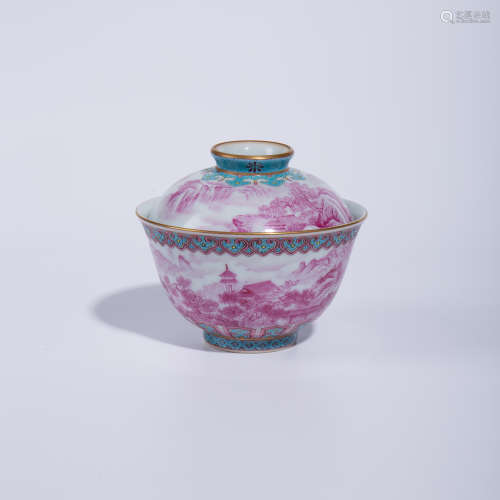Qing Dynasty Yongzheng pastel landscape covered bowl