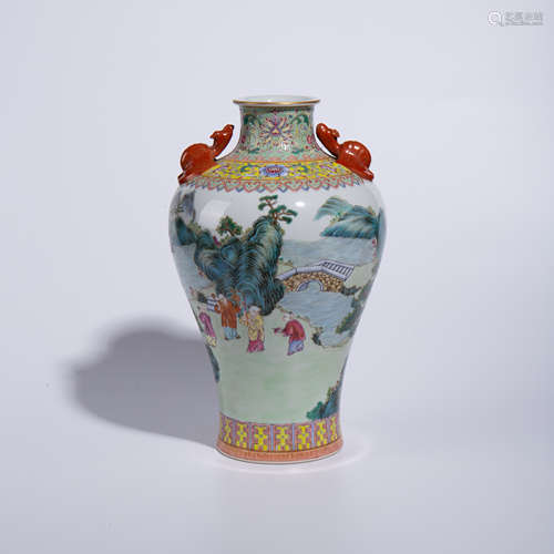 Qing Dynasty Qianlong pastel plum vase with two ears