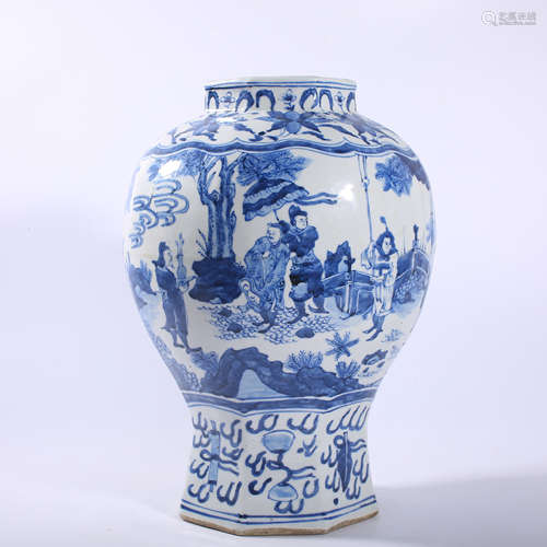 Qing Dynasty blue and white character story jar