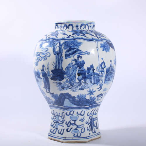 Qing Dynasty blue and white character story jar