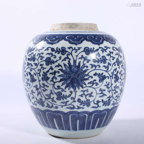 Qing Dynasty blue and white lotus pattern jar with tangled b...