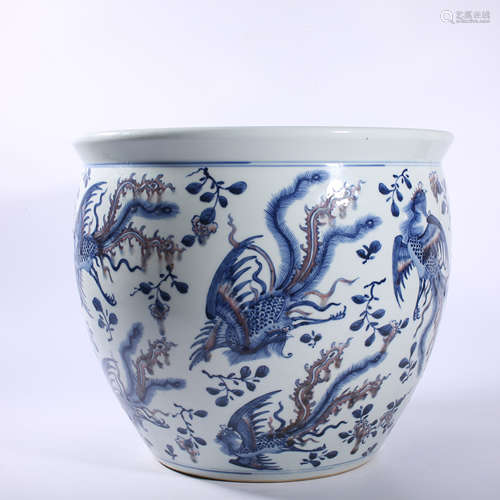 Qing Dynasty blue and white underglaze red phoenix pattern V...