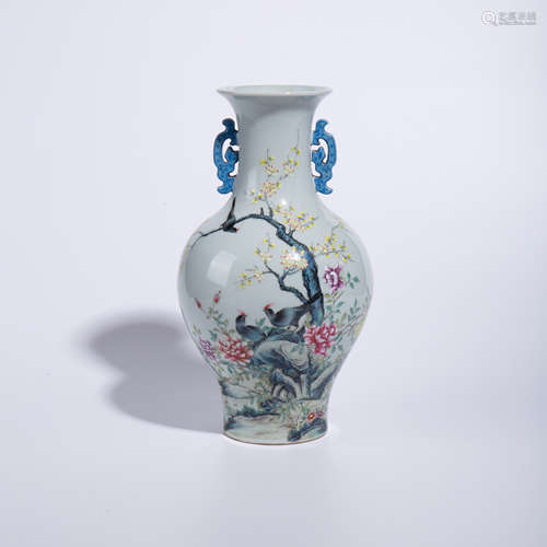 Qing Dynasty Qianlong pink flower and bird pattern two ear b...