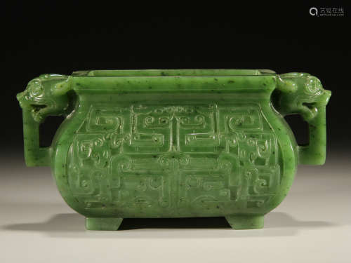 Hetian green jade incense burner with monster holders