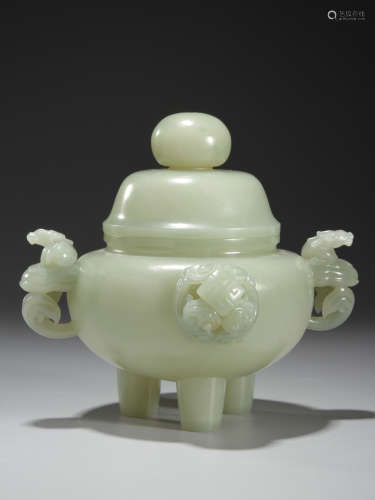 Hetian jade incense burner with two ears and three legs