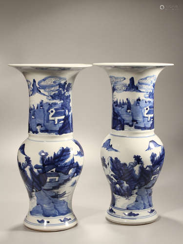 A pair of blue and white landscape fishing figure phoenix-ta...