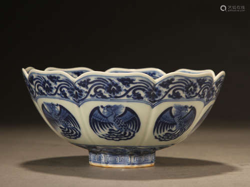 Blue and white bowl with phoenix pattern