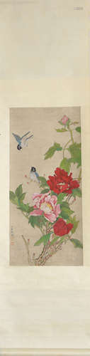 CHINESE FLOWERS AND BIRDS PAINTING SCROLL LU XIAOMAN MARK