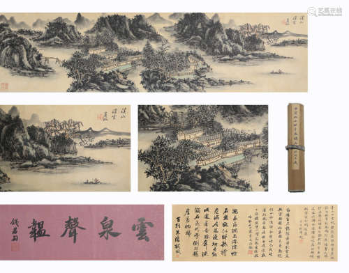 CHINESE LANDSCAPE PAINTING AND CALLIGRAPHY SILK HAND SCROLL ...