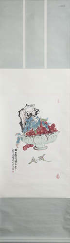 CHINESE FRUITS PAINTING SCROLL ZHENG NAIGUANG MARK