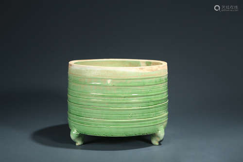 CHINESE GREEN GLAZE POTTERY TRIPOD CENSER