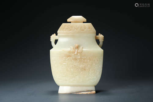 CHINESE JADE CARVED DOUBLE EARED SQUARE COVER VASE