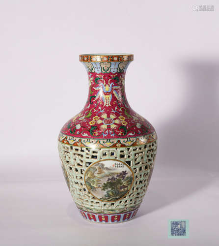 CHINESE OPENWORK FAMILLE ROSE LANDSCAPE AND FIGURE ZUN VASE