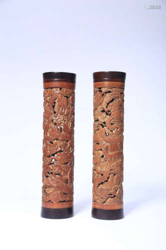 CHINESE PAIR OF CARVED BAMBOO DRAGON AND CLOUD PERFUMERS