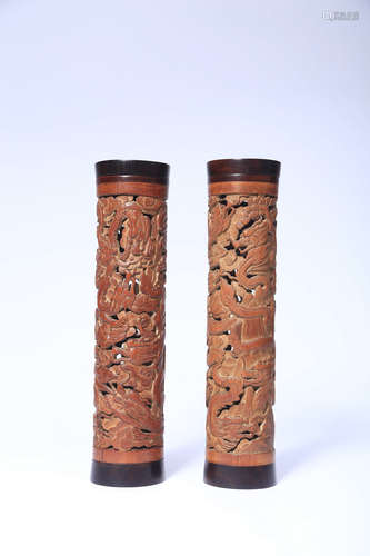 CHINESE PAIR OF CARVED BAMBOO DRAGON AND CLOUD PERFUMERS