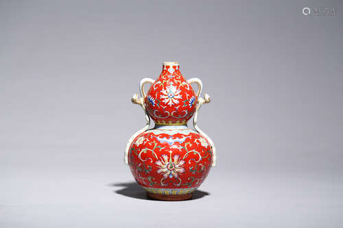 CHINESE RED GLAZE FLORAL DOUBLE GOURD SHAPED VASE