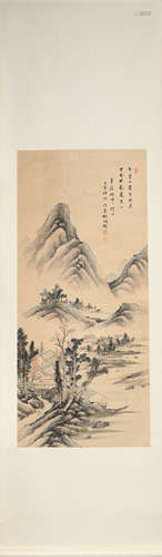 CHINESE LANDSCAPE PAINTING AND CALLIGRAPHY SCROLL HU PEIHENG...