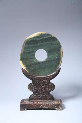 CHINESE SPINACH GREEN JADE BI TABLE SCREEN DISC