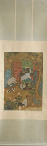 CHINESE CATS PAINTING SCROLL LIAO JIAHUI MARK