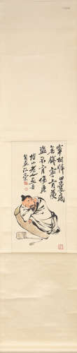 CHINESE FIGURE PAINTING AND CALLIGRAPHY SCROLL QI BAISHI MAR...