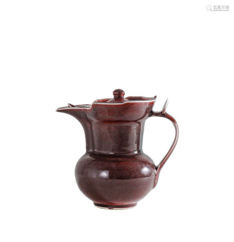 CHINESE INCISED RED GLAZE FLORAL MONK CAP JUG