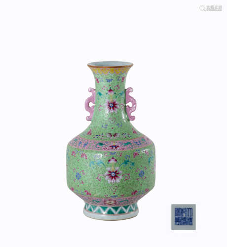 CHINESE FAMILLE ROSE FLORAL DOUBLE EARED VASE