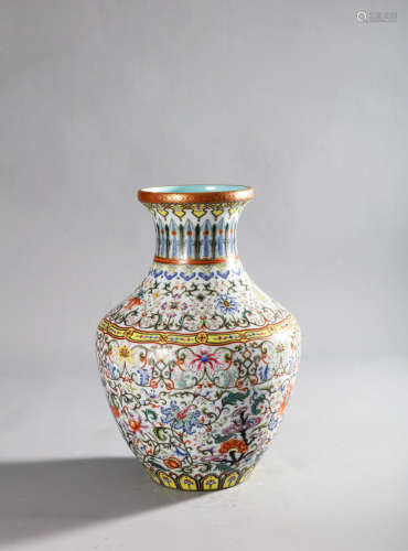 CHINESE FAMILLE ROSE AND GILT DECORATED FLORAL ZUN VASE