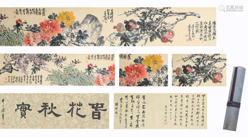 CHINESE FLOWERS PAINTING AND CALLIGRAPHY SILK HAND SCROLL WU...