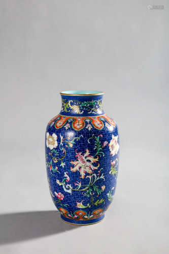 CHINESE BLUE GROUND FAMILLE ROSE FLORAL VASE