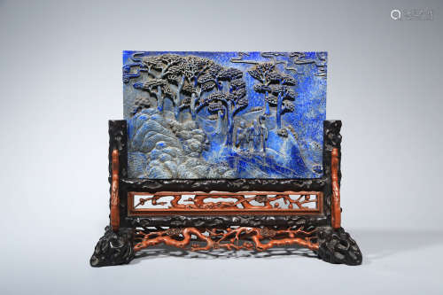 CHINESE CARVED LAPIS LAZULI LANDSCAPE AND FIGURE TABLE SCREE...