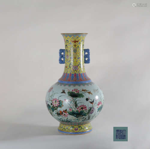 CHINESE FAMILLE ROSE FLORAL AND LOTUS POND DOUBLE EARED VASE