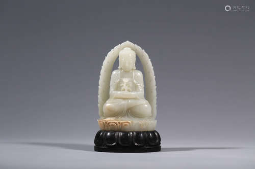 CHINESE CARVED WHITE JADE FIGURE OF BUDDHA