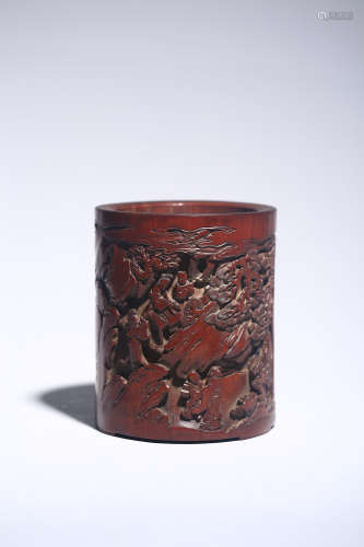 CHINESE CARVED BAMBOO FIGURE BRUSH POT