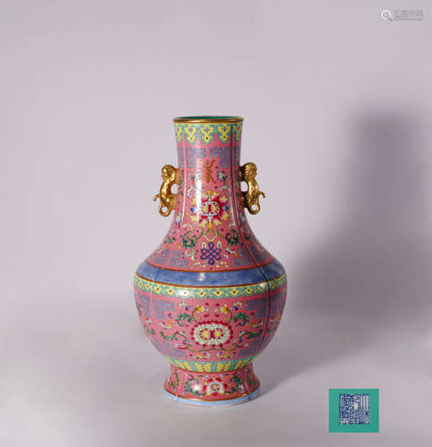 CHINESE FAMILLE ROSE DOUBLE EARED FLORAL VASE