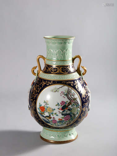 CHINESE FAMILLE ROSE AND GILT DECORATED BIRD AND FLOWER VASE