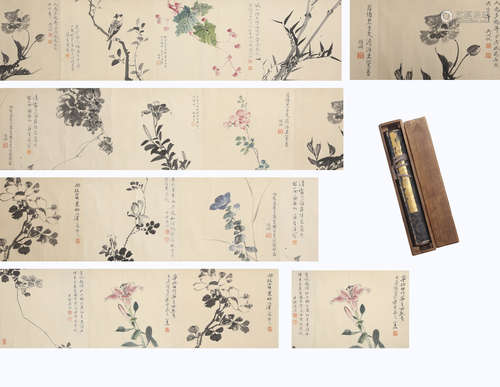 CHINESE FLOWERS SILK PAINTING ALBUM AND CALLIGRAPHY