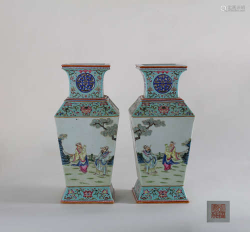 CHINESE PAIR OF FAMILLE ROSE FIGURE SQUARE VASES