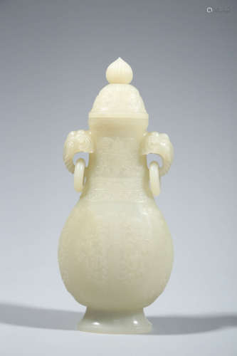 CHINESE RELIEF DECORATED JADE DOUBLE LOOP HANDLE COVER VASE