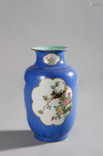 CHINESE BLUE GROUND FAMILLE ROSE BIRD AND FLOWER VASE