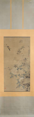 CHINESE FLOWERS AND BIRDS PAINTING SCROLL FEI ERQI MARK
