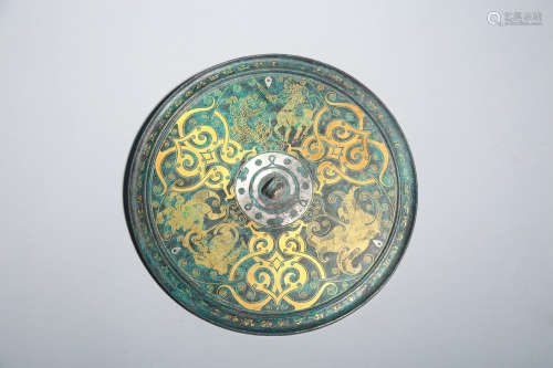 CHINESE SILVER AND GOLD INLAID BRONZE MIRROR