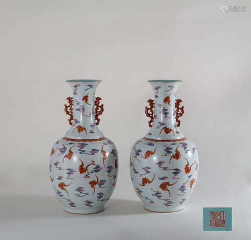 CHINESE PAIR OF FAMILLE ROSE AND GILT DECORATED BATS VASES